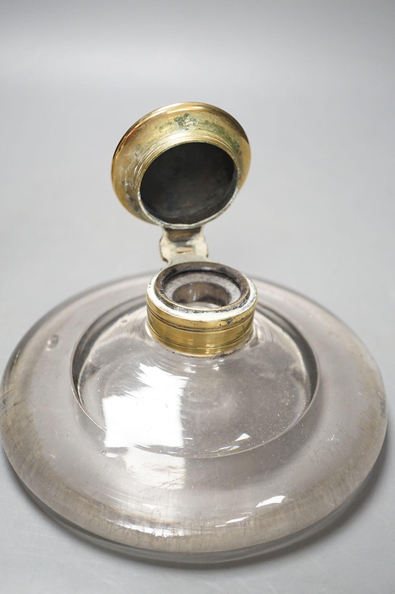 A Royal Worcester Japanese taste coffee pot and a Victorian glass squat shaped inkwell, with a brass lid (2)